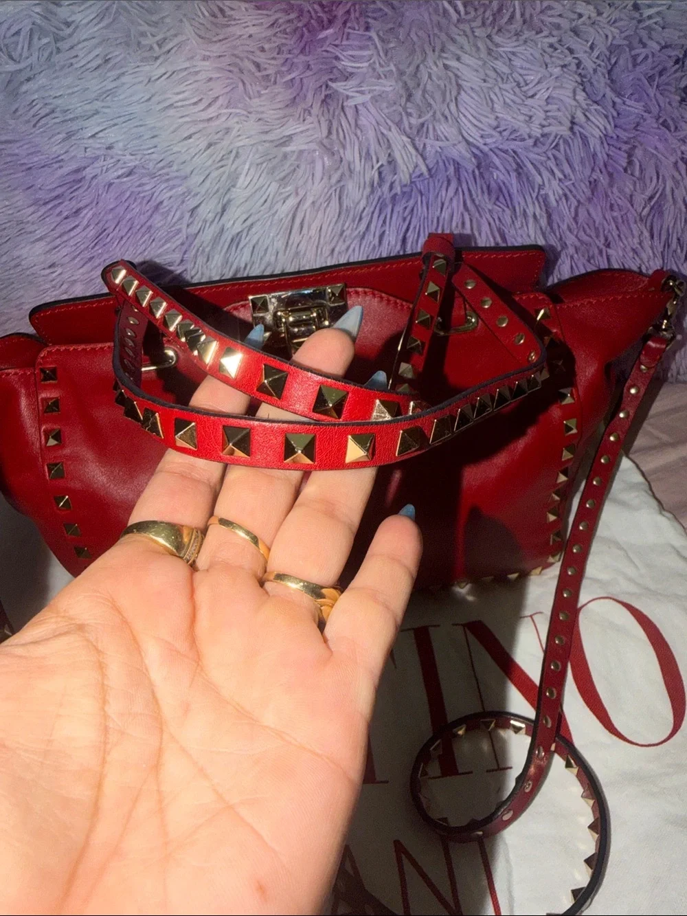 Valentino Red Leather Rockstud Shoulder Bag with Gold Hardware